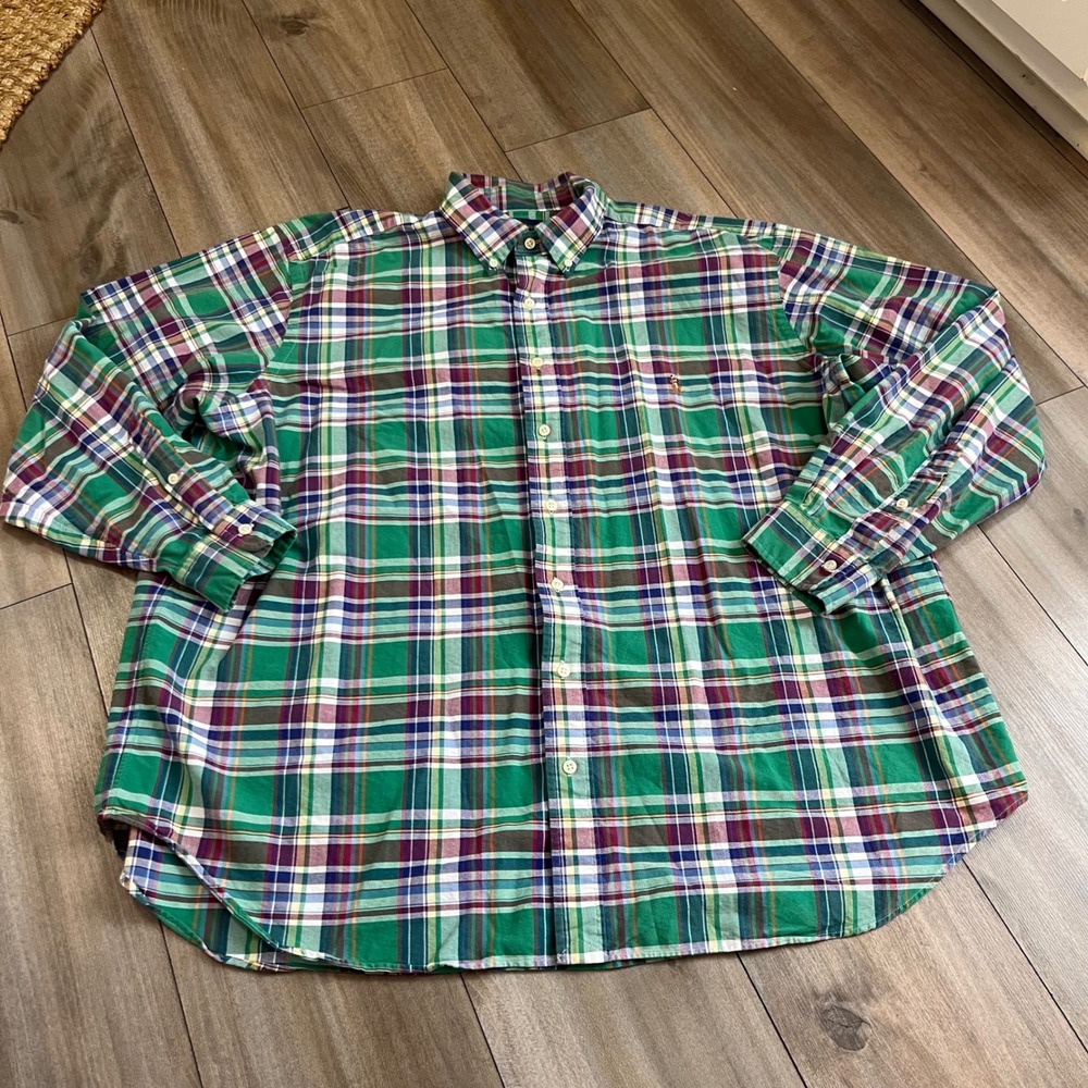 Ralph Lauren Mens 2XB Big Green Plaid Button Down Shirt Long Sleeve Bin J-23